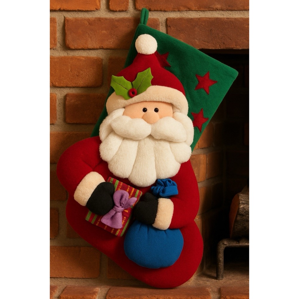 Vintage-Style  Plush Santa Christmas Stocking 3D Felt Appliqué‎ Fireplace Decor